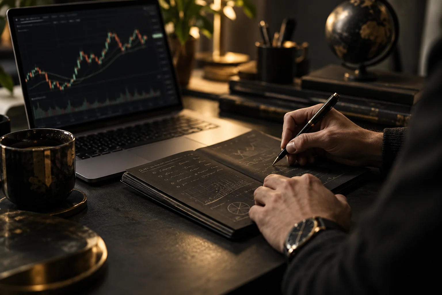 Trader estudiando un gráfico y tomando apuntes